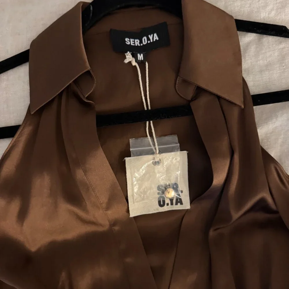 NWT SER.O.YA Shea Silk Dress Chocolate Medium - Picture 6 of 6